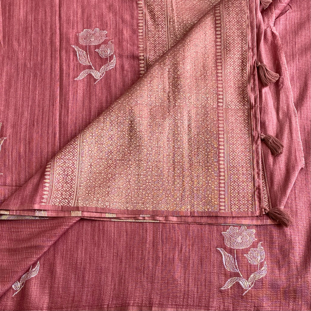 Dusty Rose Soft Jute Tussar Saree With Antique Gold Pallu