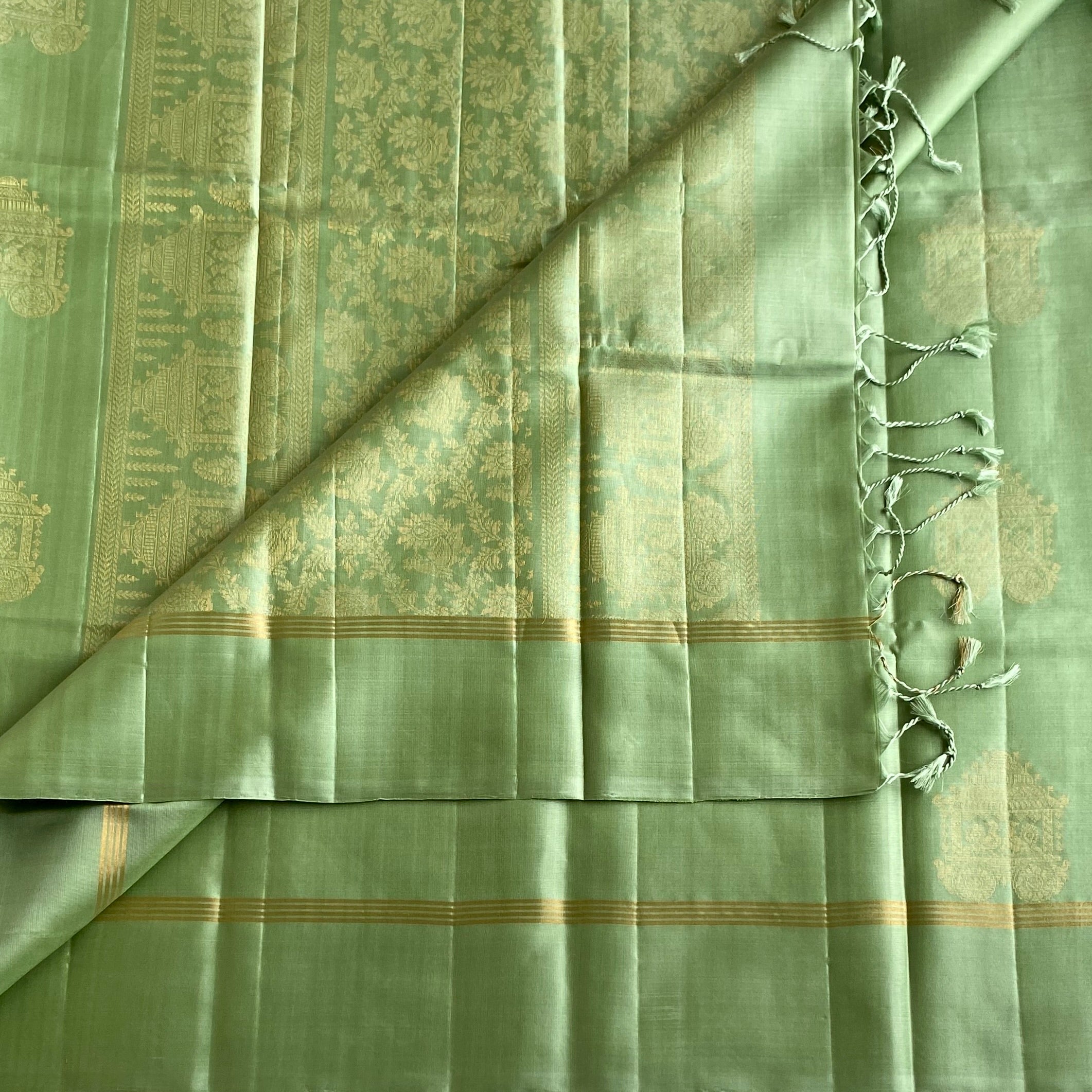 Mint Green Designer Pure Silk Saree With Antique Gold Zari