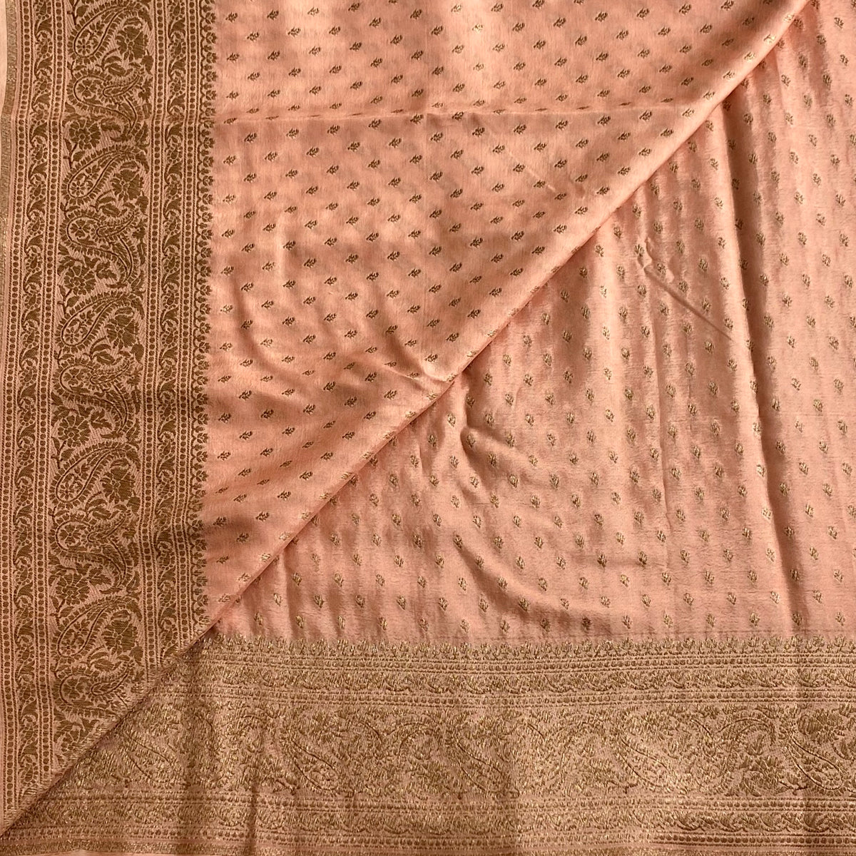 Copper Peach Banarasi Crepe Silk Saree With Rose Gold Jaal Work