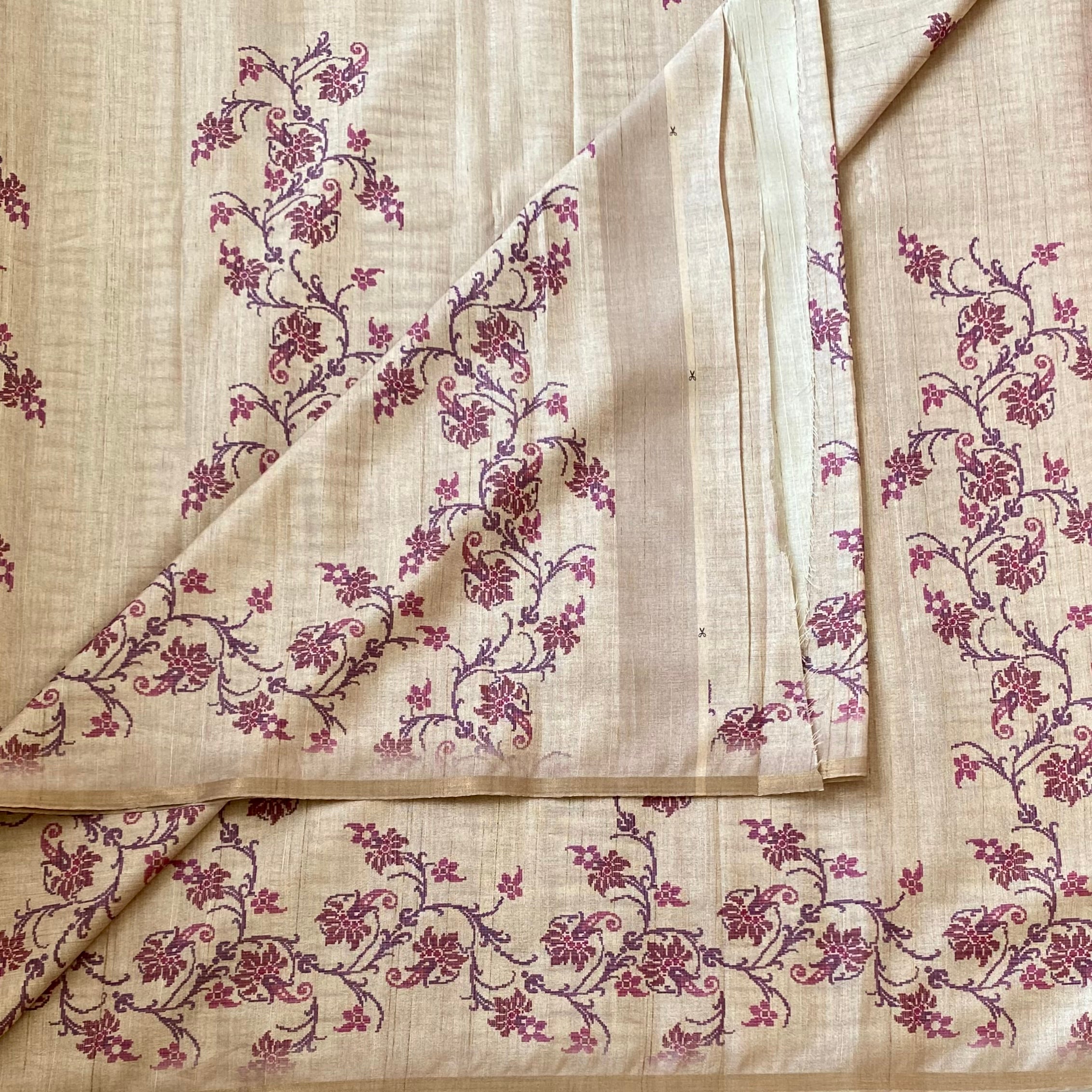 Champagne Gold Magenta Floral Saree Traditional Zari Border Elegant Drape
