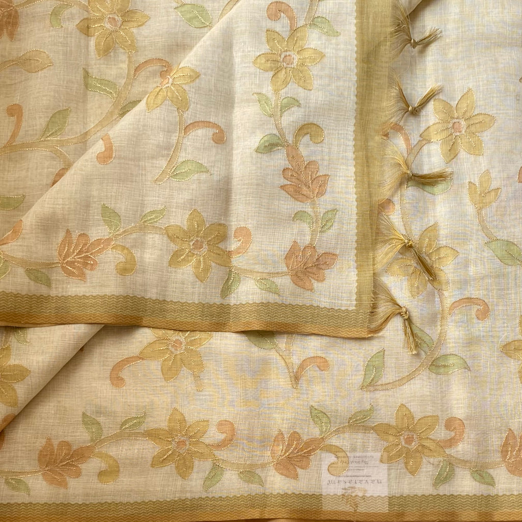 Cream Ecru Floral Embroidered Saree Pale Gold Border soft linen stunner
