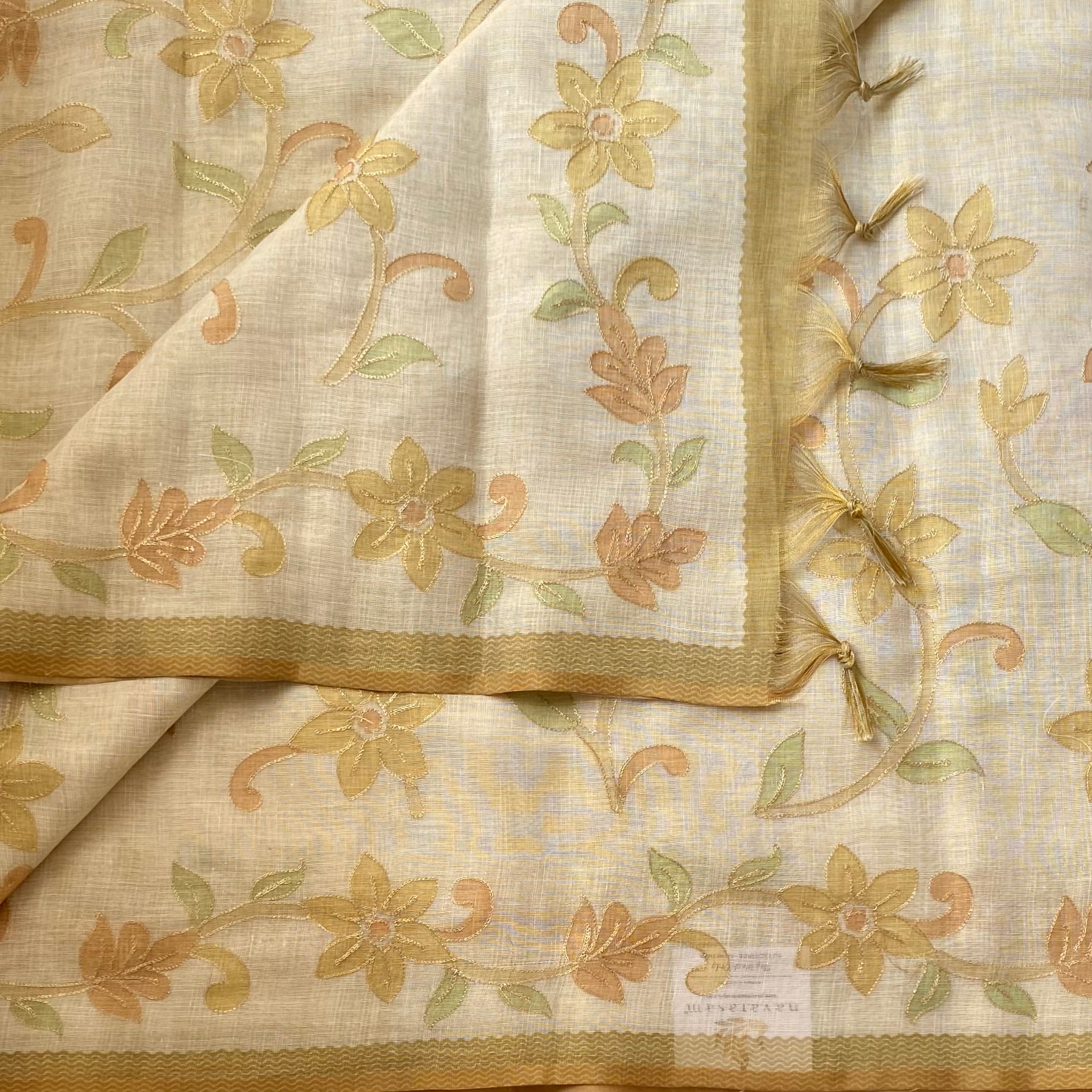 Cream Ecru Floral Embroidered Saree Pale Gold Border soft linen stunner