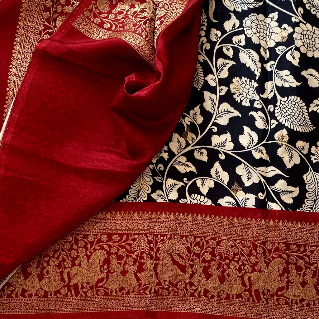 Stunning Black Kalamkari Premium Tussar Silk With Deep Reddish Maroon Pallu