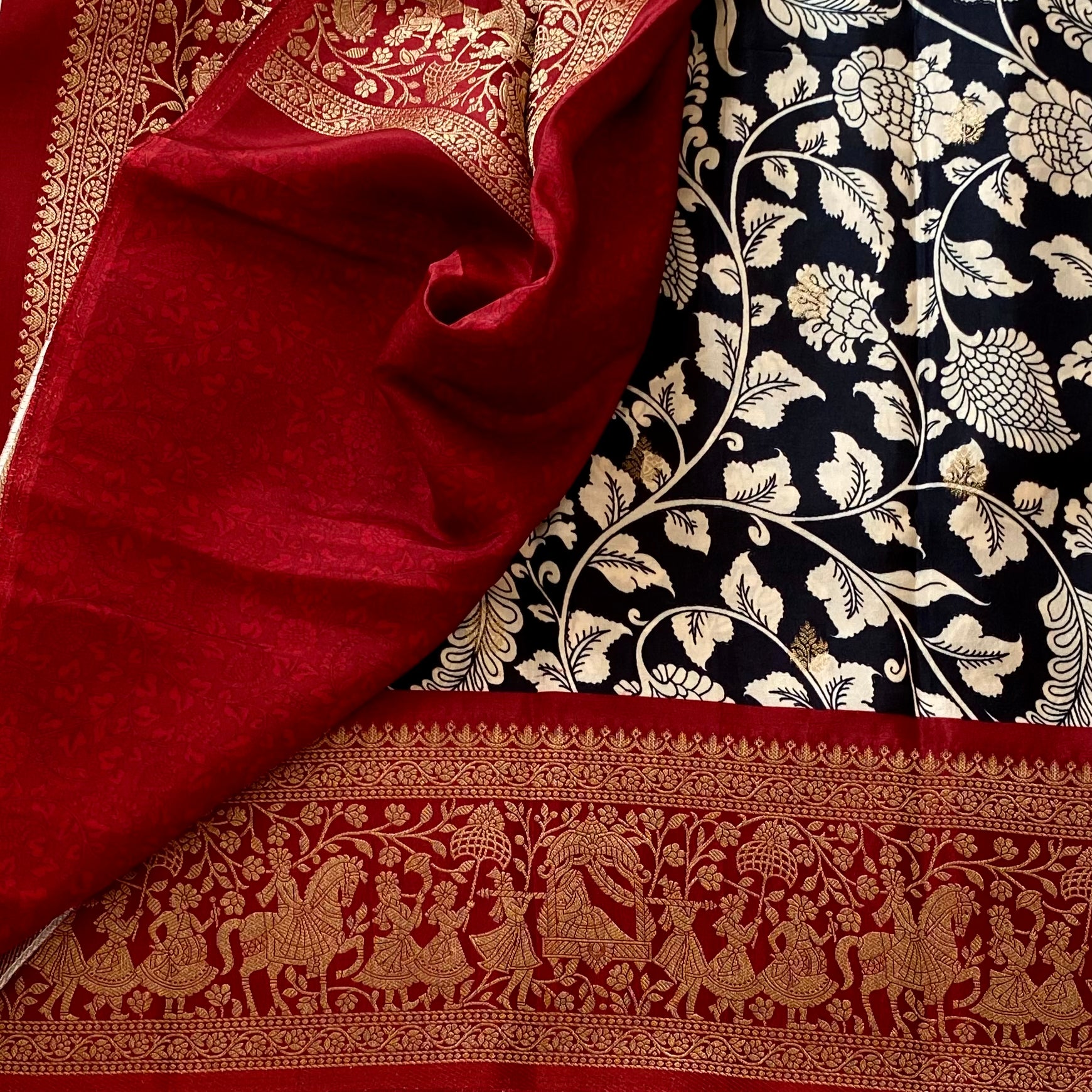 Stunning Black Kalamkari Premium Tussar Silk With Deep Reddish Maroon Pallu