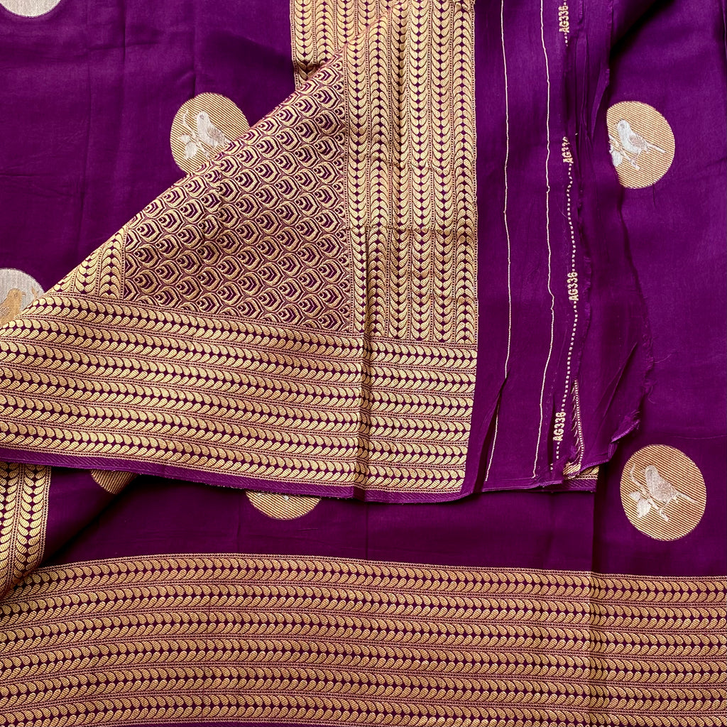 Royal Purple Silk Saree Antique Gold Bird Medallion Zari Border