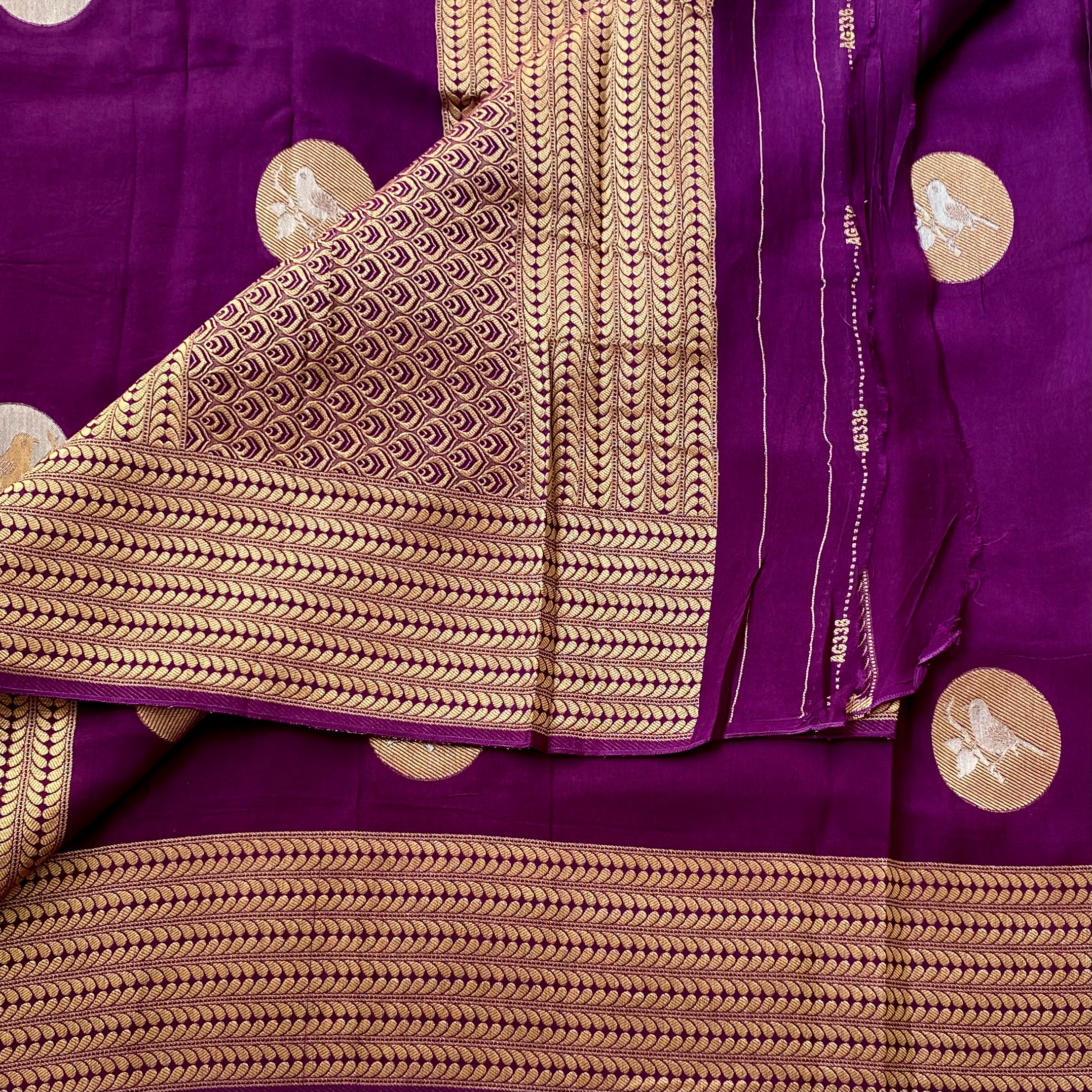 Royal Purple Silk Saree Antique Gold Bird Medallion Zari Border