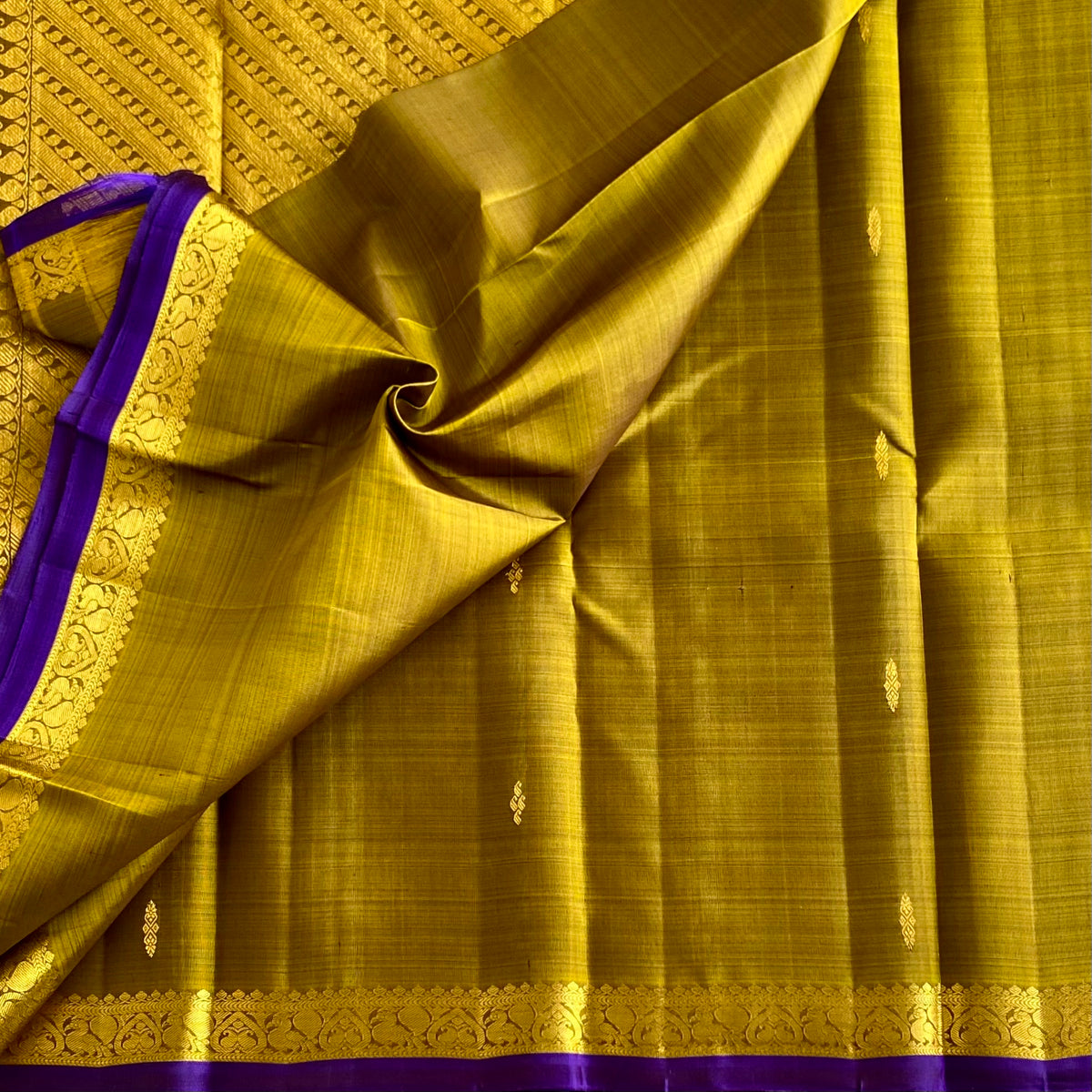 Mustard Gold Kanjeevaram Pure Zari Silk Saree With Royal Purple Border