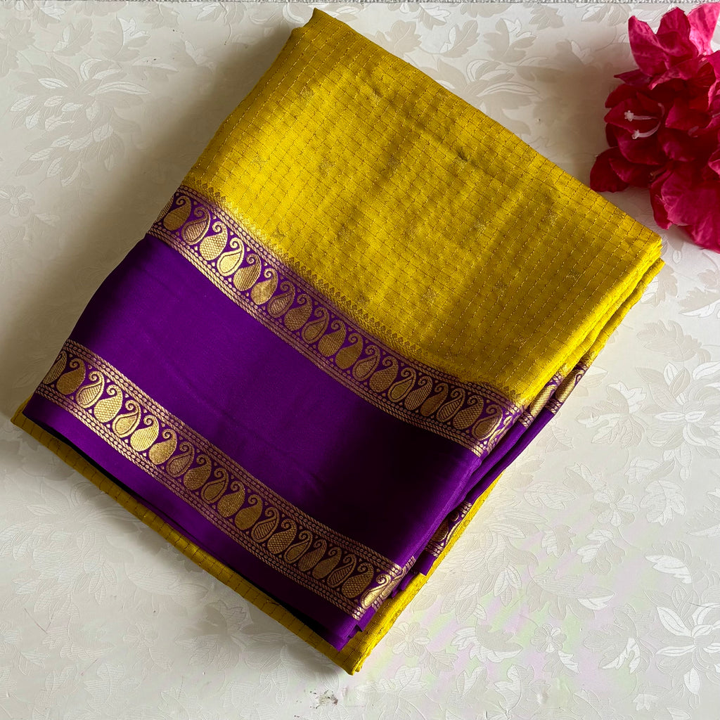 Lime Green Checkered Mysore Crepe Silk Saree With Rich Purple Pallu