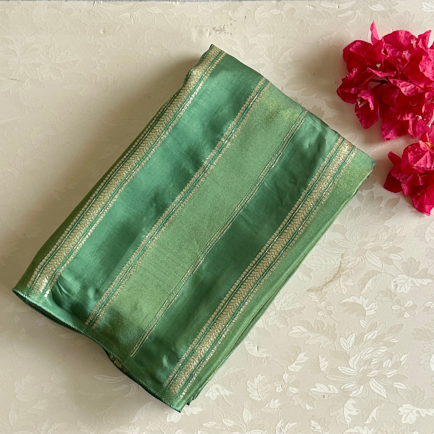 Teal Silk Saree Gold Buti Stripes Red Selvedge Festive Wear