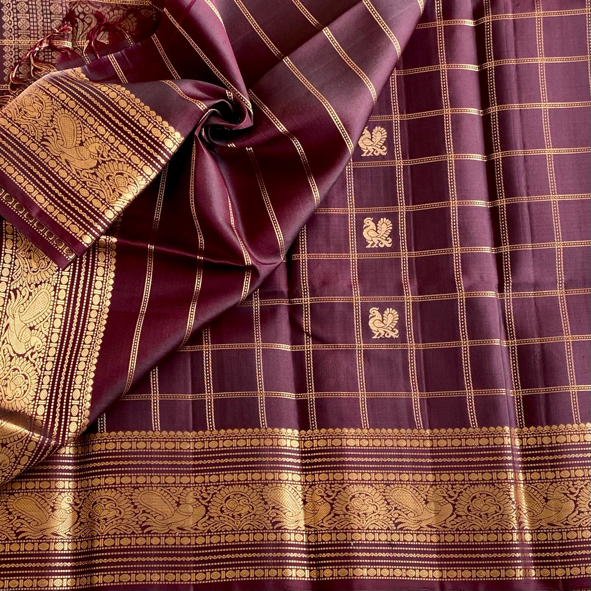 Deep Plum Brown Checkered Designer Pure Silk Saree With Antique Gold Paisley Zari