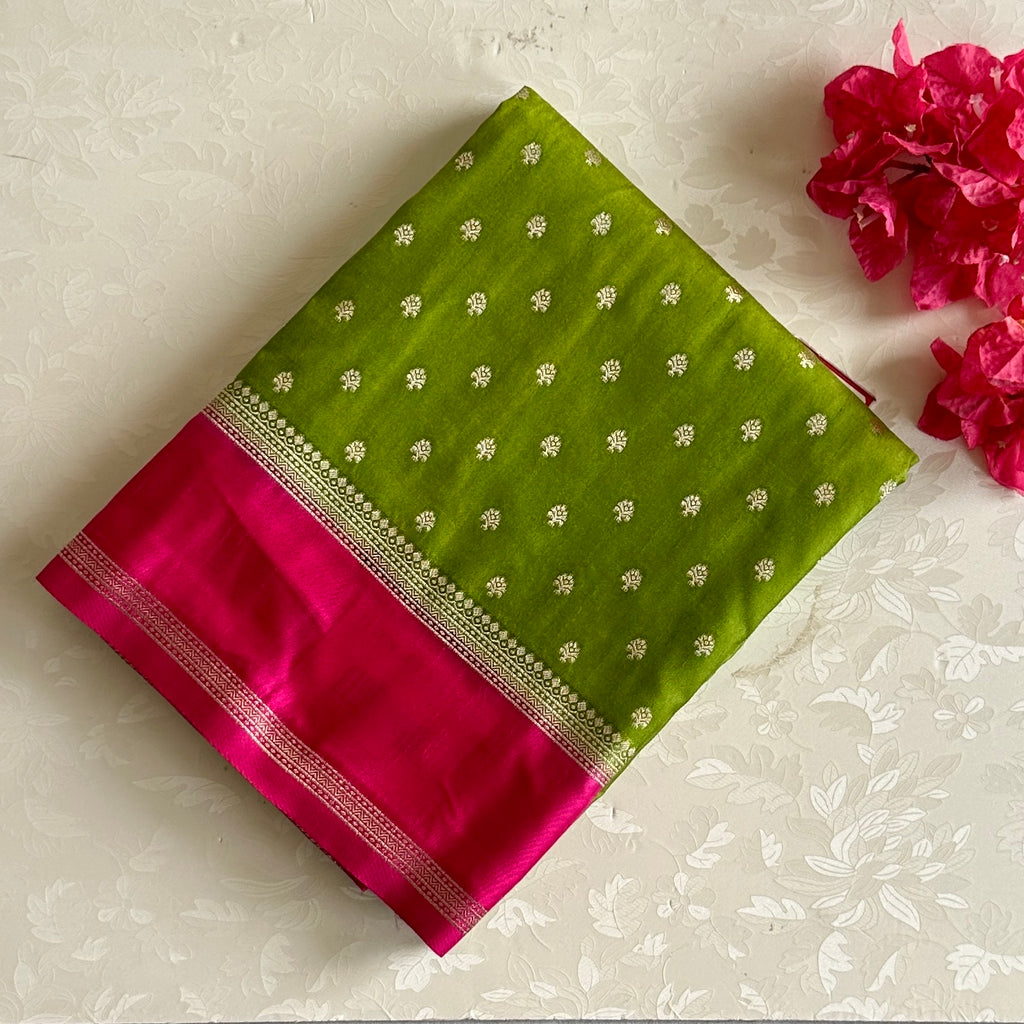 Apple Green Fuchsia Zari Buti Silk Saree Traditional Festive Elegant