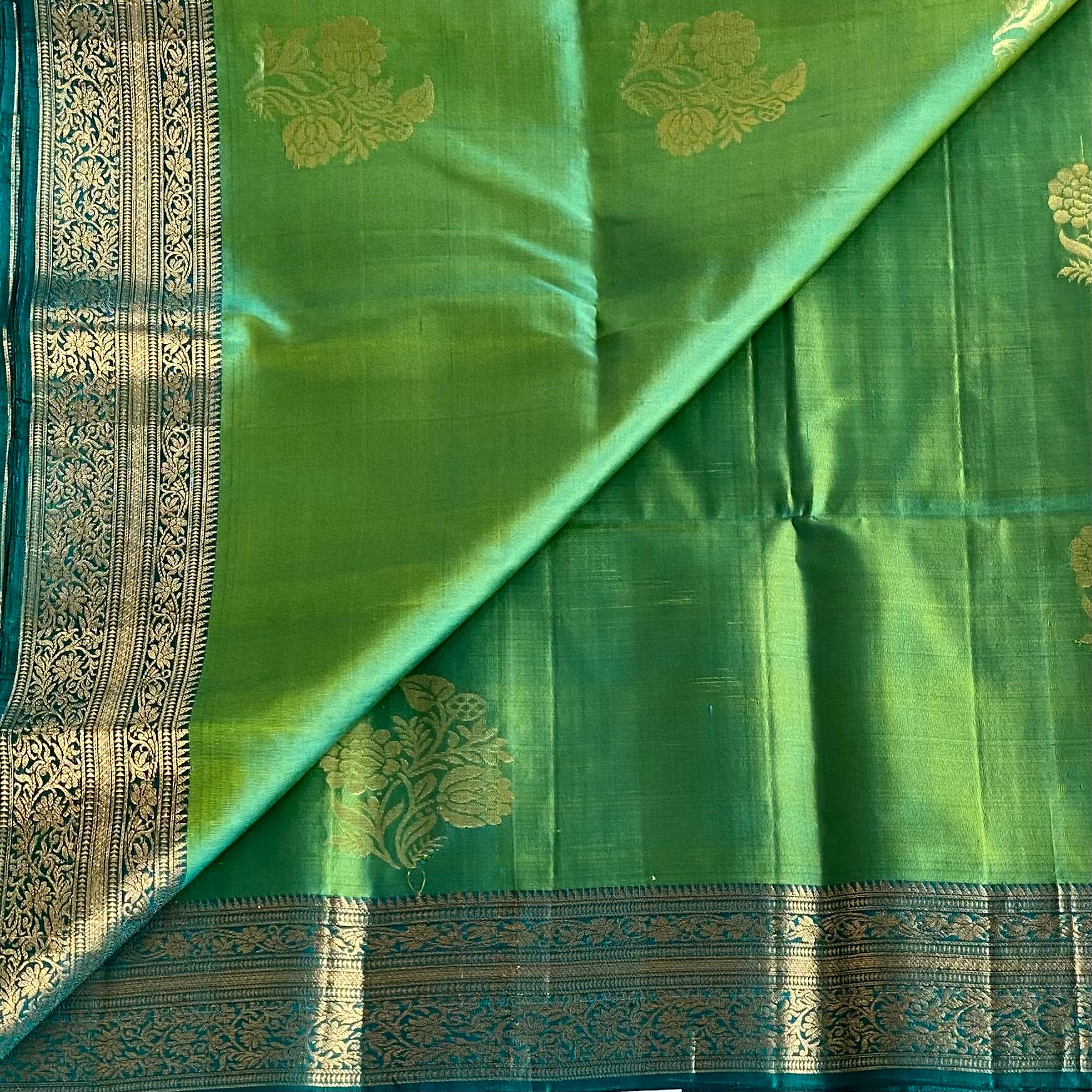 Lime Green Teal Green Designer Pure Silk Saree With Gold Jaal