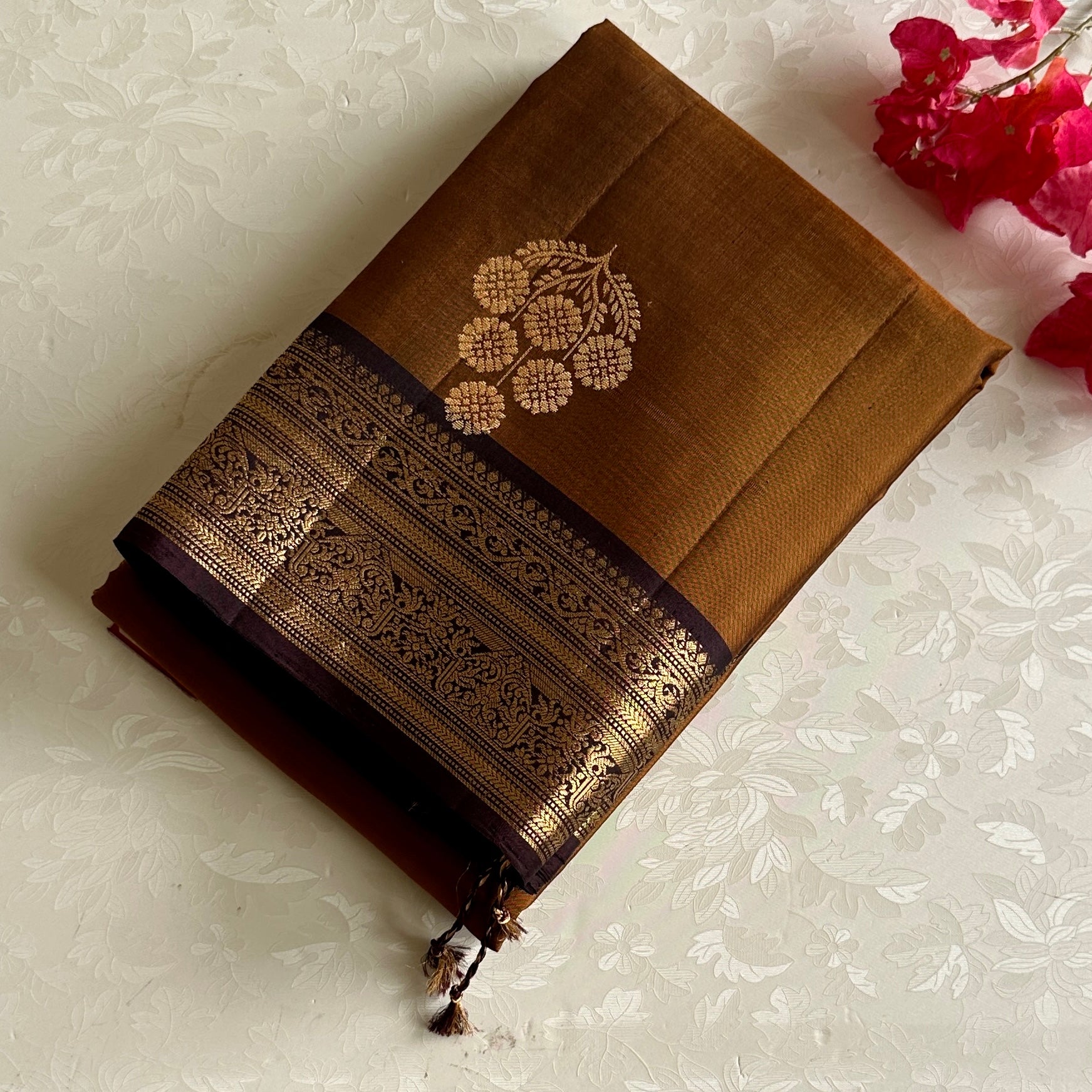 Bronze Brown Designer Pure Silk Saree Deep Aubergine Zari Border