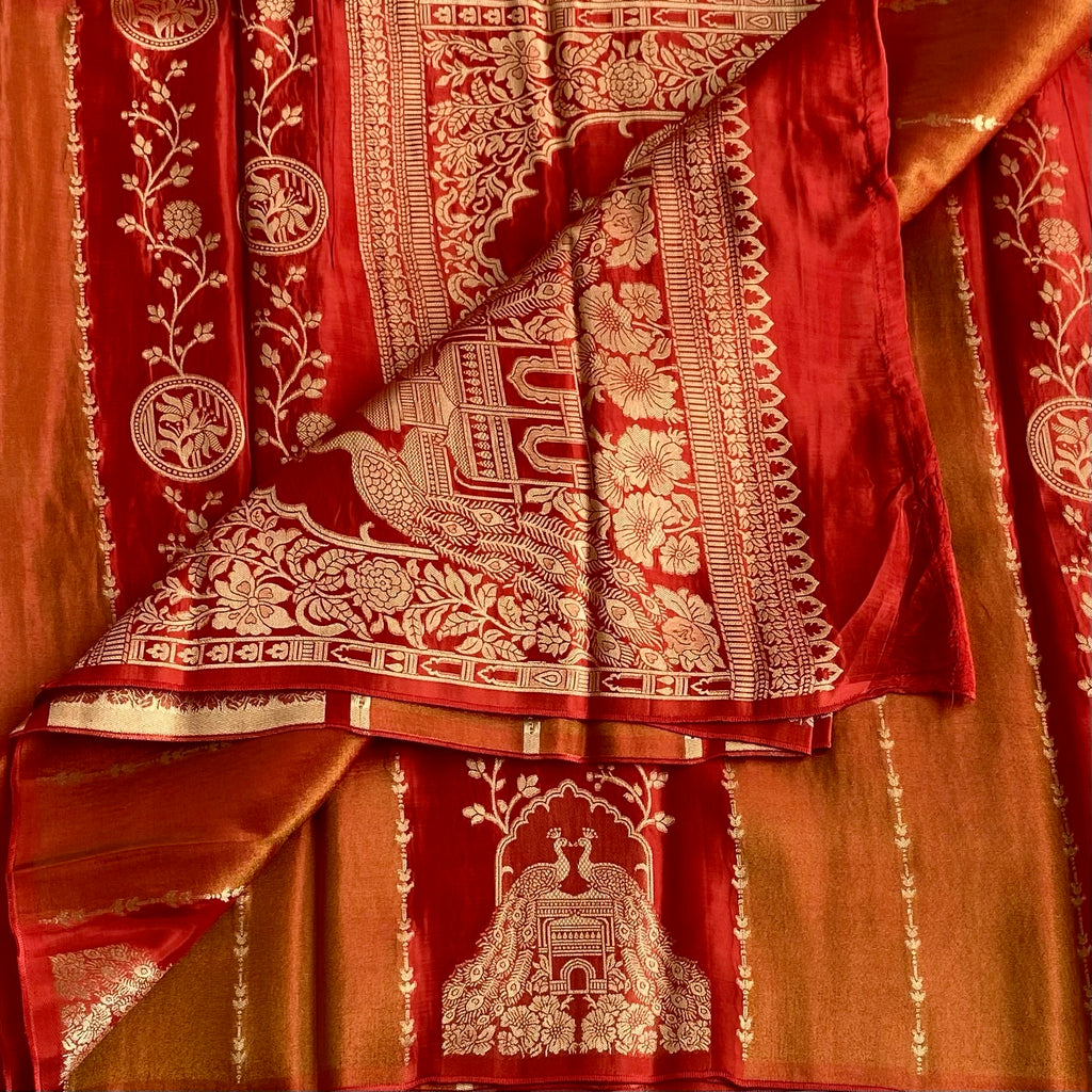 Vermilion Red With Vivid Orange Soft Tussar Silk Saree Antique Gold Peacock Motifs