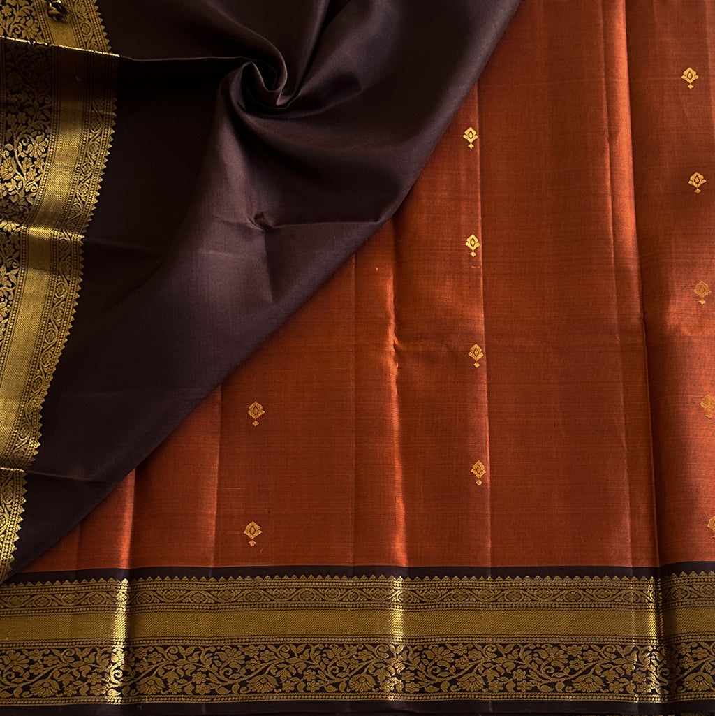 Rust Orange Purple Kanjivaram Silk Saree Gold Zari Border Pallu