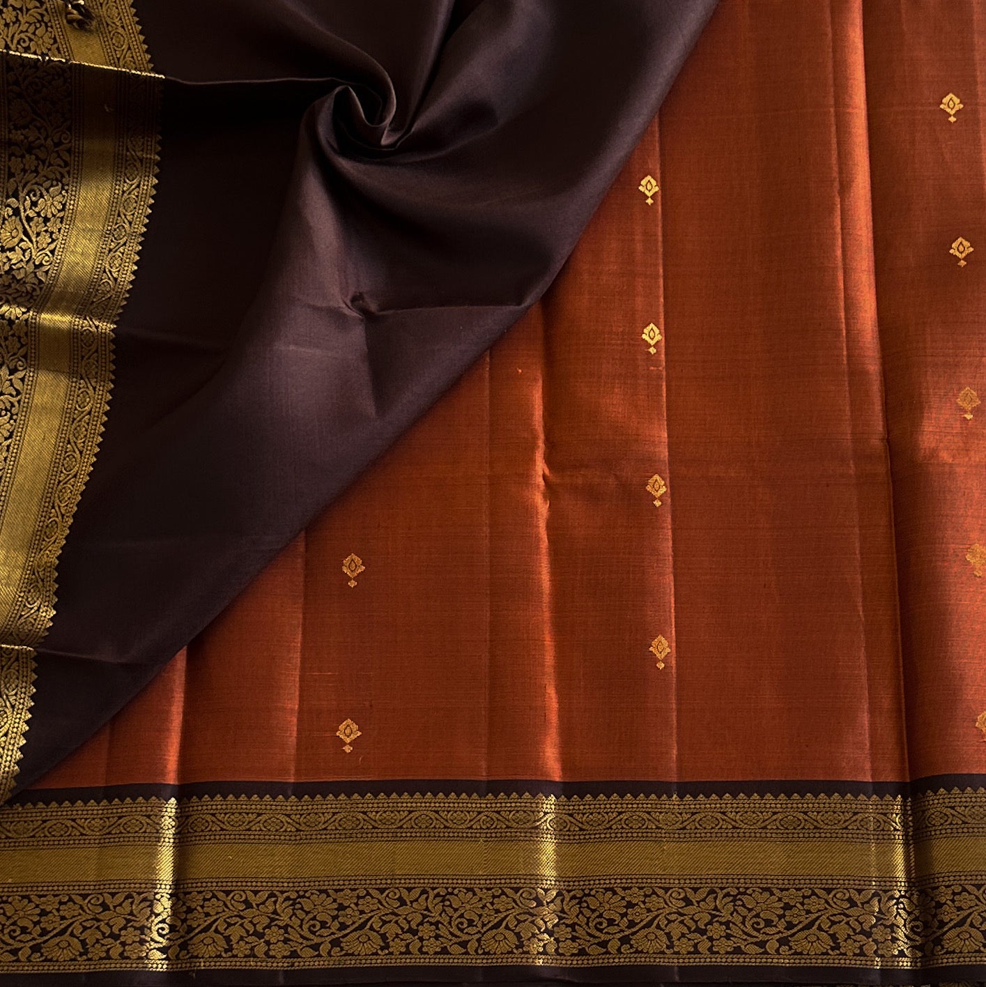 Rust Orange Purple Kanjivaram Silk Saree Gold Zari Border Pallu