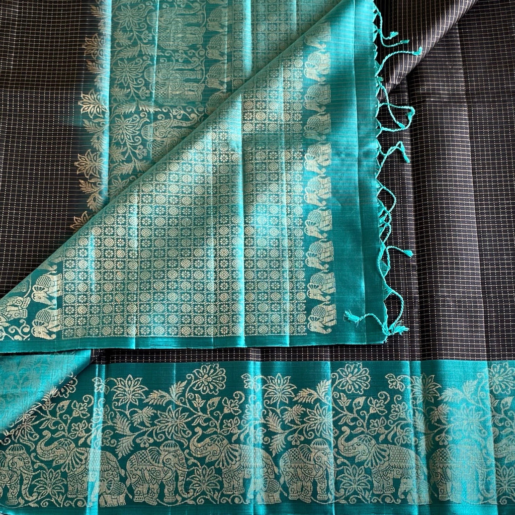 Teal Green Designer Pure Silk Saree With Chocolate Brown Border