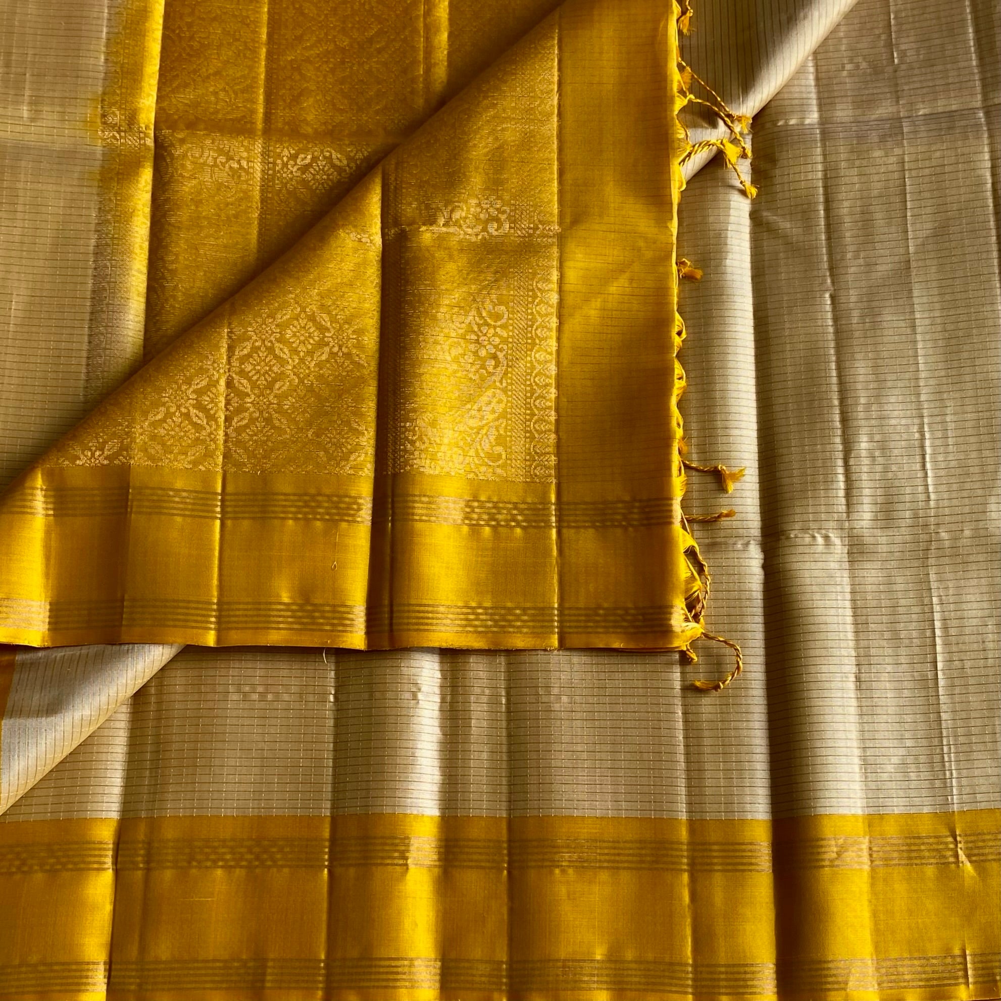 Champagne Beige Designer Pure Silk Saree With Golden Yellow Pallu