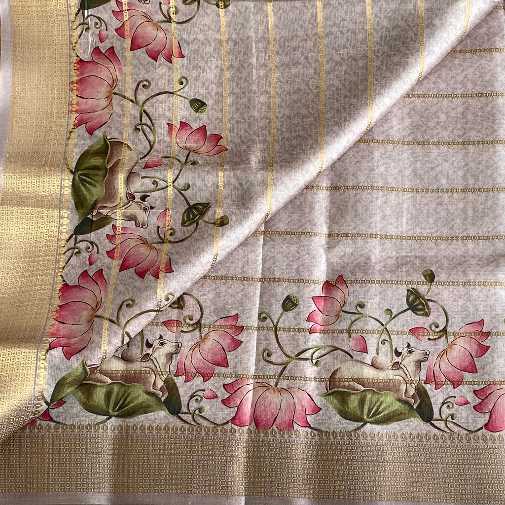 Lightest Silver Mauve Soft Tussar Silk Saree With Lotus Pink Pallu