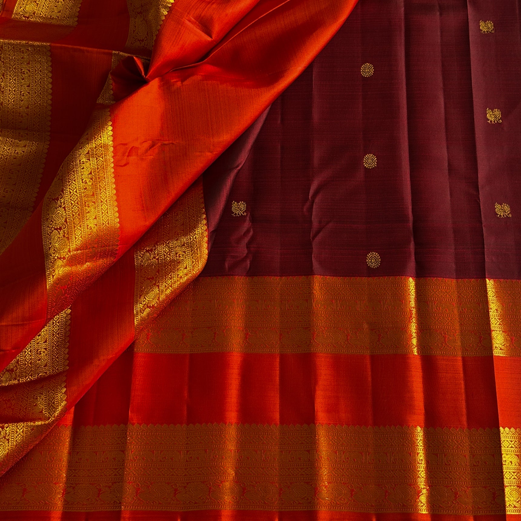 Maroon Orange Silk Saree Gold Buttas Woven Zari Border Pallu