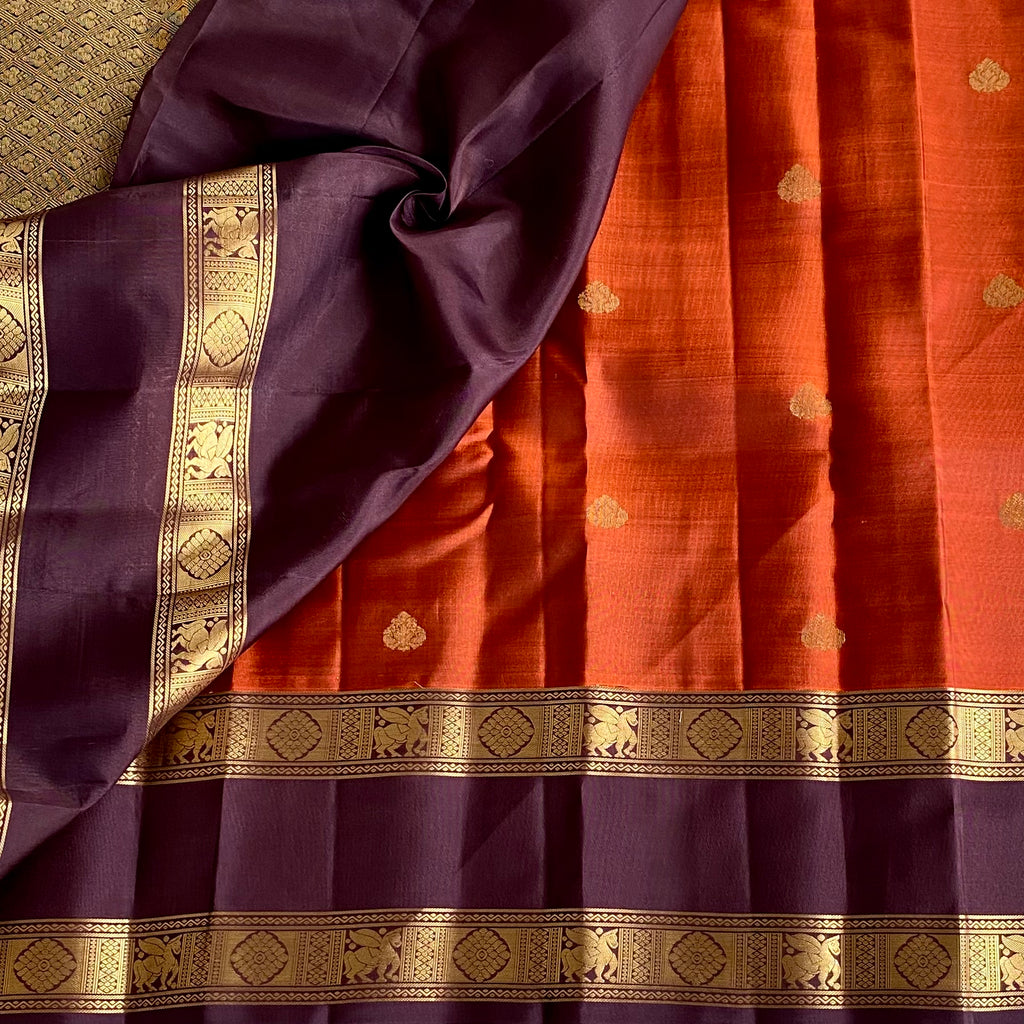 Deep Rust Designer Pure Silk Saree With Wine Brown Pallu