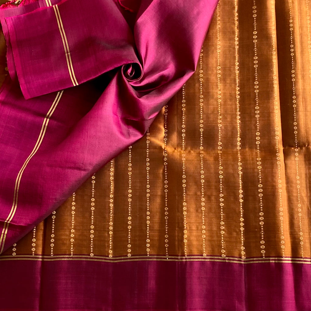 Bronze Brown Designer Pure Silk Saree With Rani Pink Pallu