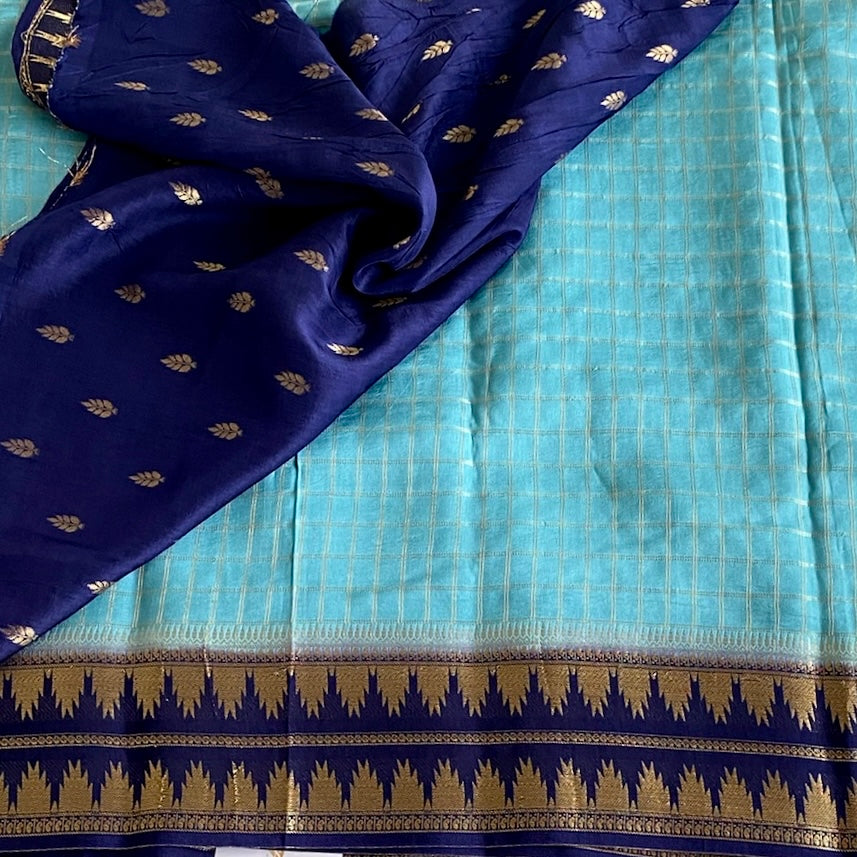 Aqua Blue Soft Tussar Silk Saree Royal Blue Border Brocade Pallu