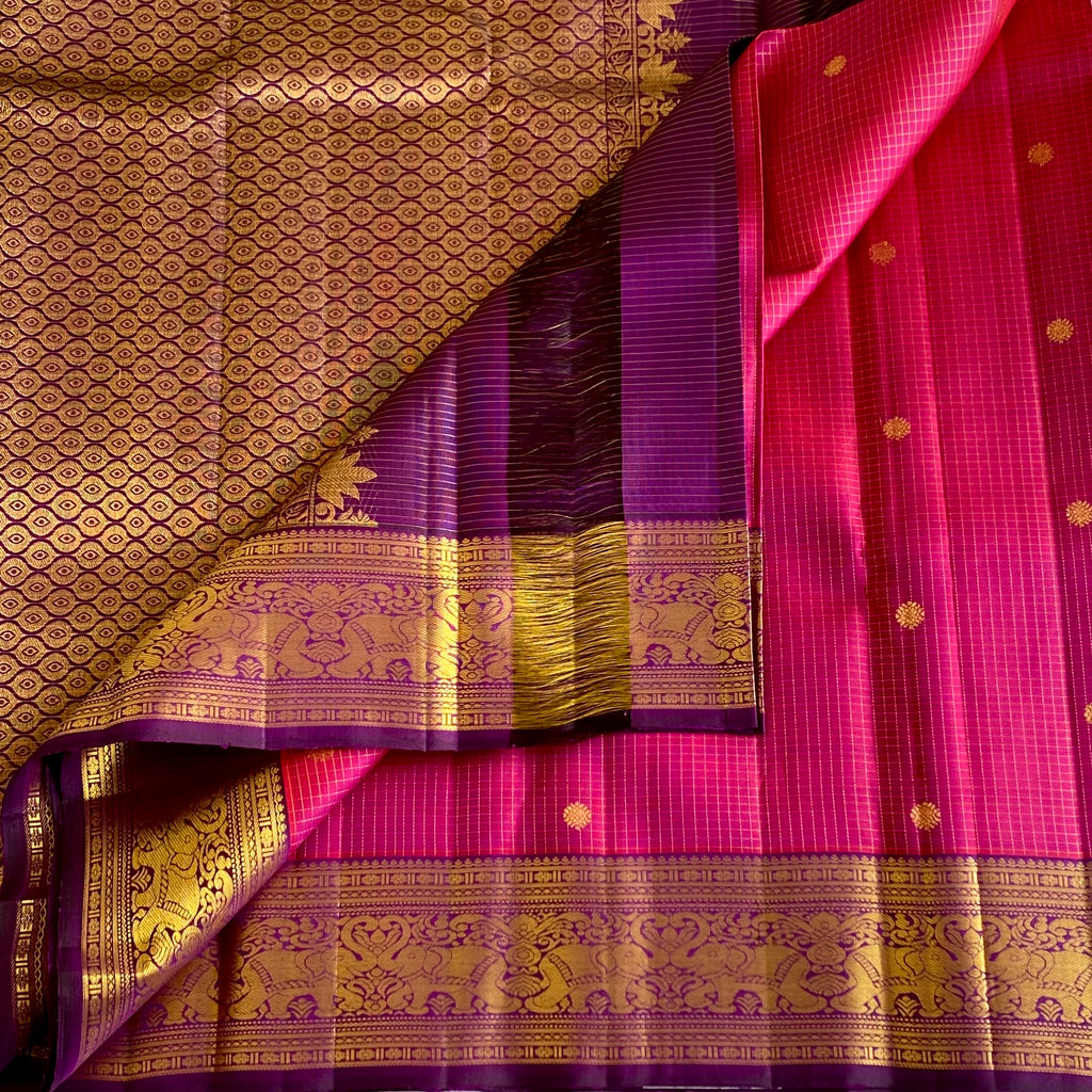 Wine Berry Pink Kanjeevaram Pure Zari Silk Saree With Royal Purple Pallu & Heritage Elephant Borders