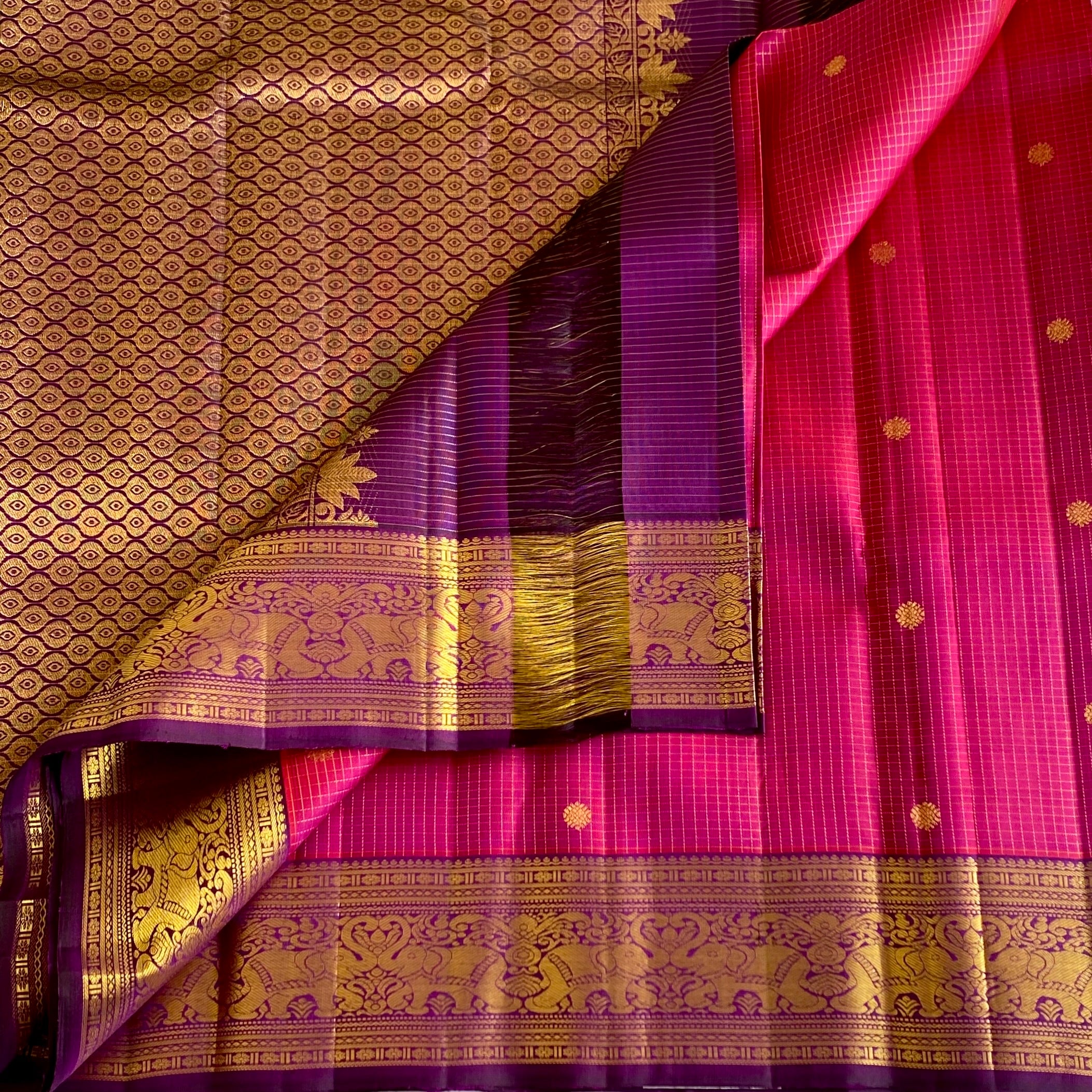 Wine Berry Pink Kanjeevaram Pure Zari Silk Saree With Royal Purple Pallu & Heritage Elephant Borders