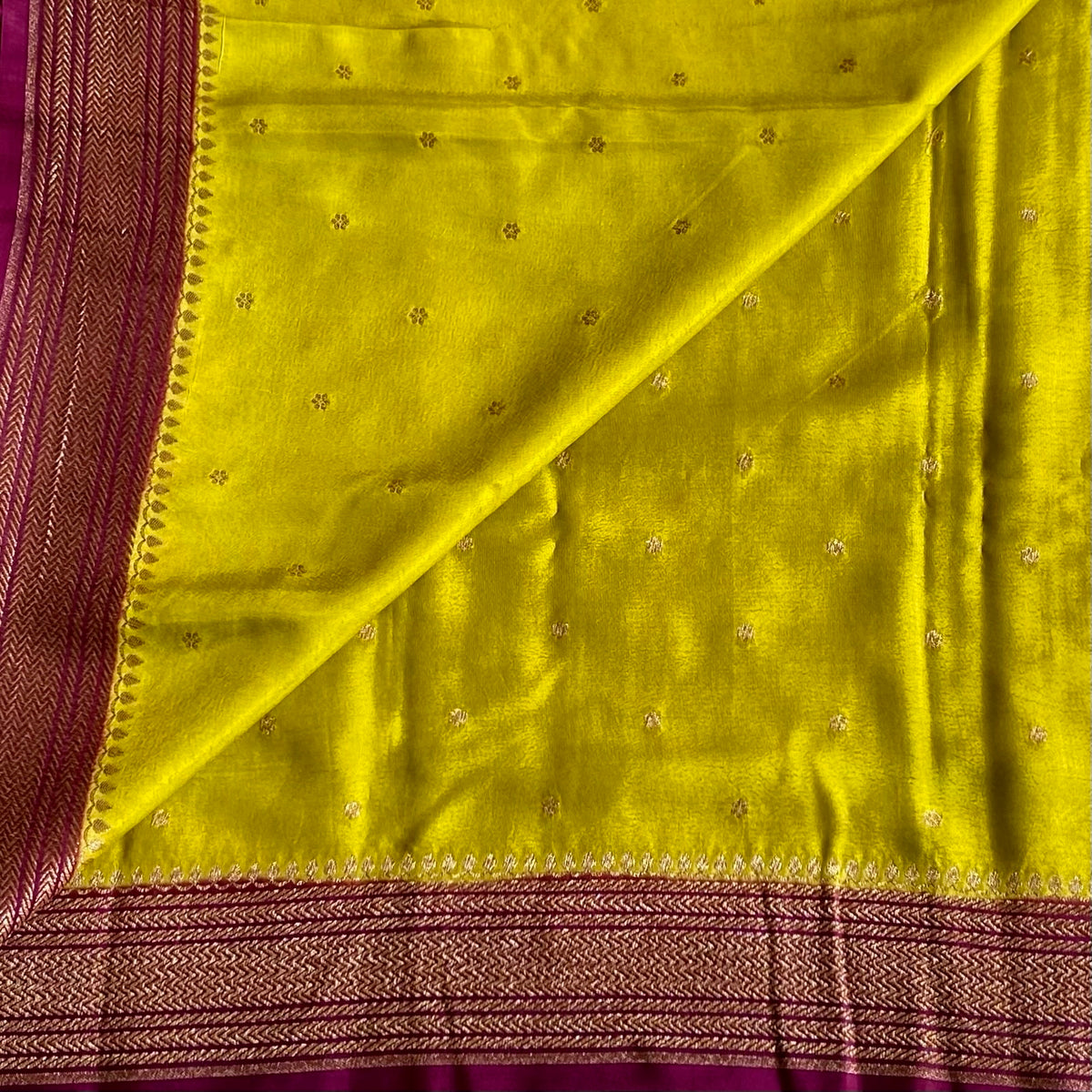 Lime Green Banarasi Crepe Silk Saree With Deep Magenta Wine Pallu And Gold Brocade