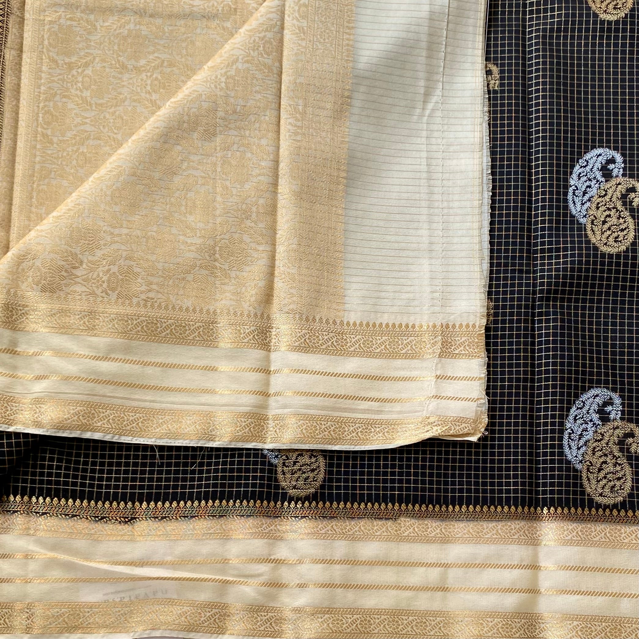 Elegant Black Gold Paisley Brocade Saree with Champagne Gold Pallu