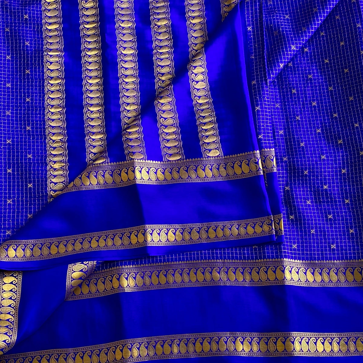 Royal Blue Mysore Crepe Silk Saree With Metallic Gold Paisley
