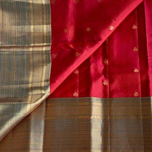 Antique Gold Designer Pure Silk Saree With Crimson Red Pallu