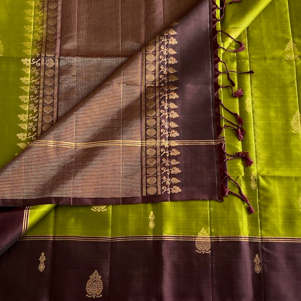 Bright Olive Green With Deep Plum Designer Pure Silk
