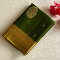 Olive Green Designer Pure Silk Saree Metallic Light Green Zari Border Contrast Pallu