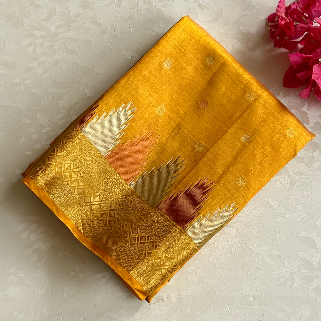 Mustard Yellow Zari soft tussar silk with temple borders