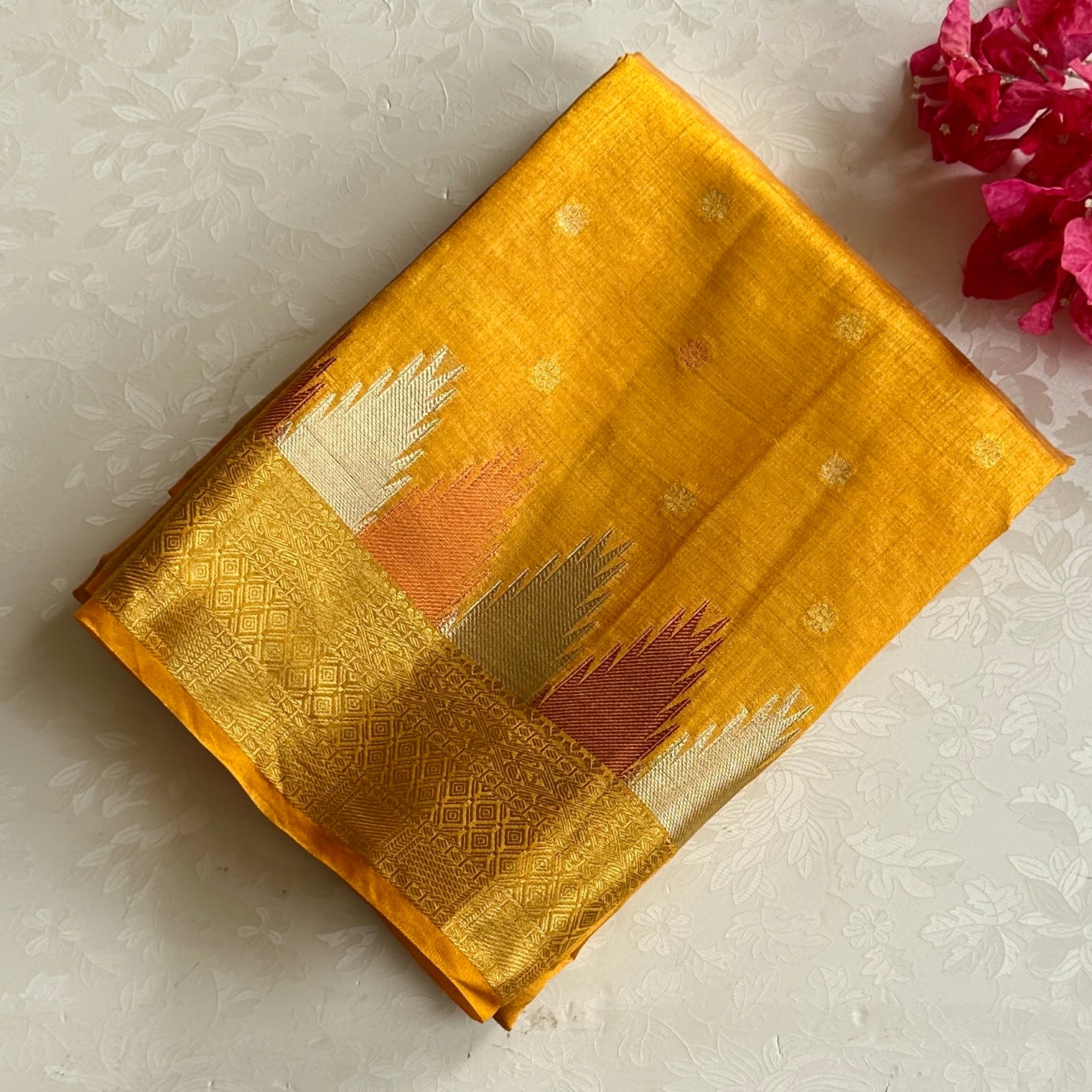 Mustard Yellow Zari soft tussar silk with temple borders