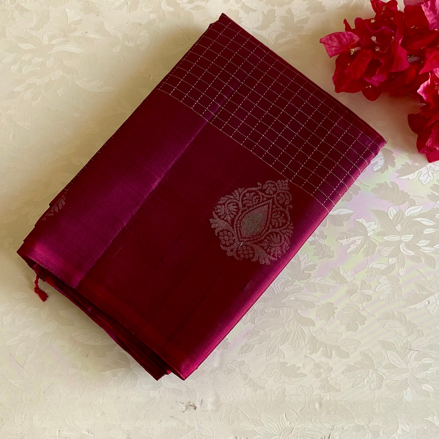 Deep Magenta Designer Pure Silk Saree With Checkered Lightweight Beauty