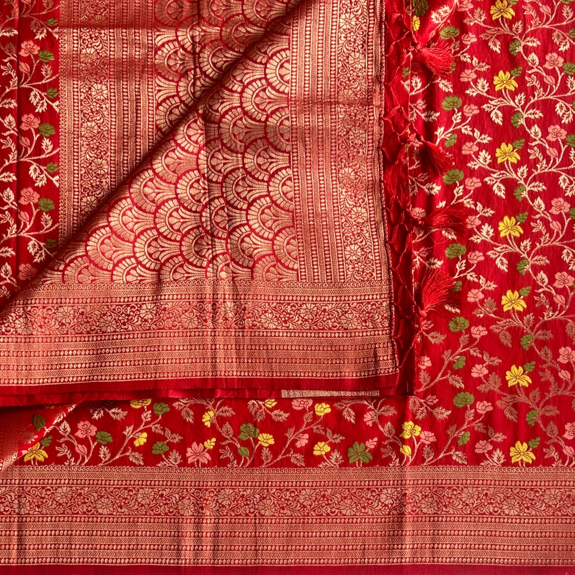 Lustrous Red Meenakari woven tussar with floral weave all over