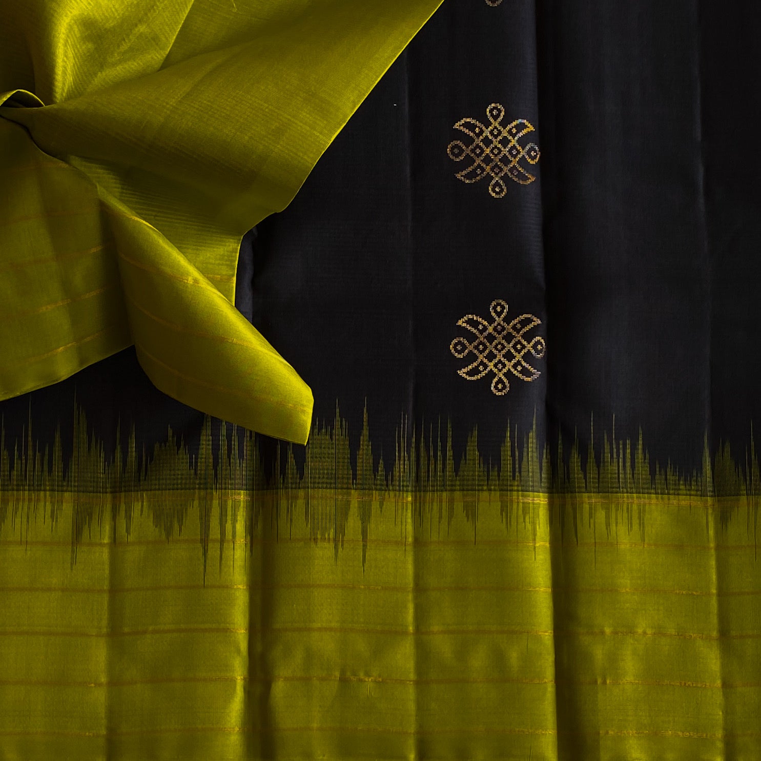 Vintage Black With Chartreuse Olive Designer Handwoven Pure Silk