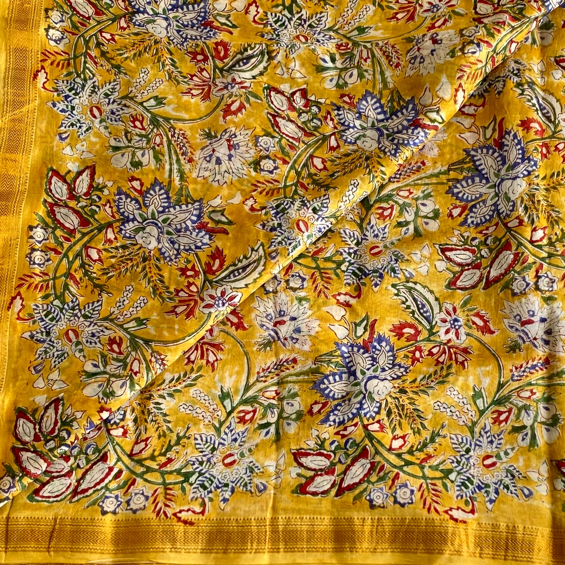 Mustard Yellow Soft Tussar Silk Saree With Royal Blue Floral Print