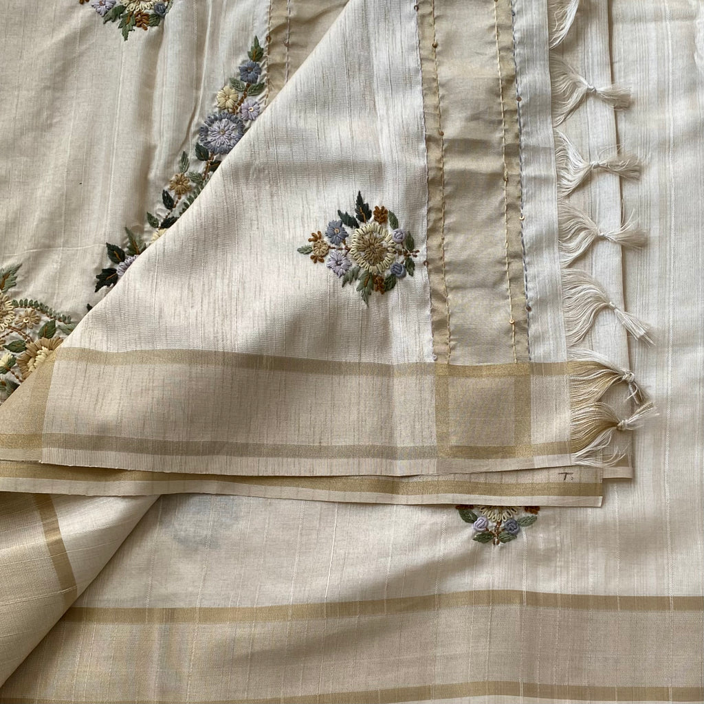 Cream Ivory Floral Embroidered Silk Saree with Gold Border Elegant