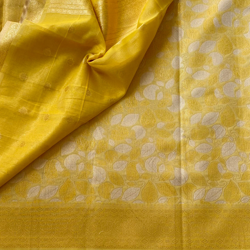 Mustard Yellow Lustrous Leaf Jacquard Saree With Gold Zari Tassels