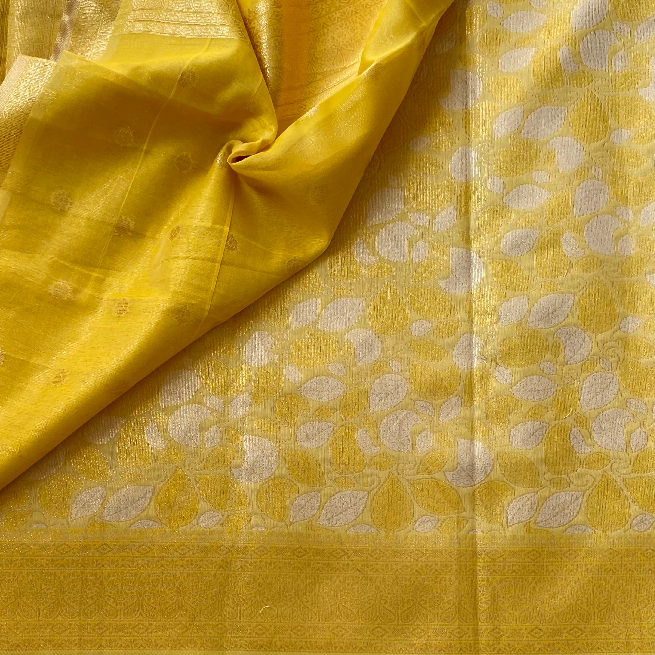 Mustard Yellow Lustrous Leaf Jacquard Saree With Gold Zari Tassels
