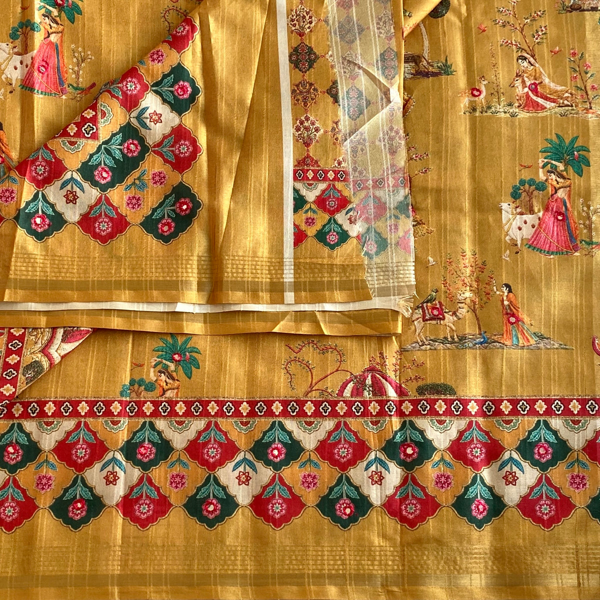 Golden Ochre Designer Soft Printed Tussar Saree Floral & Mirror Work