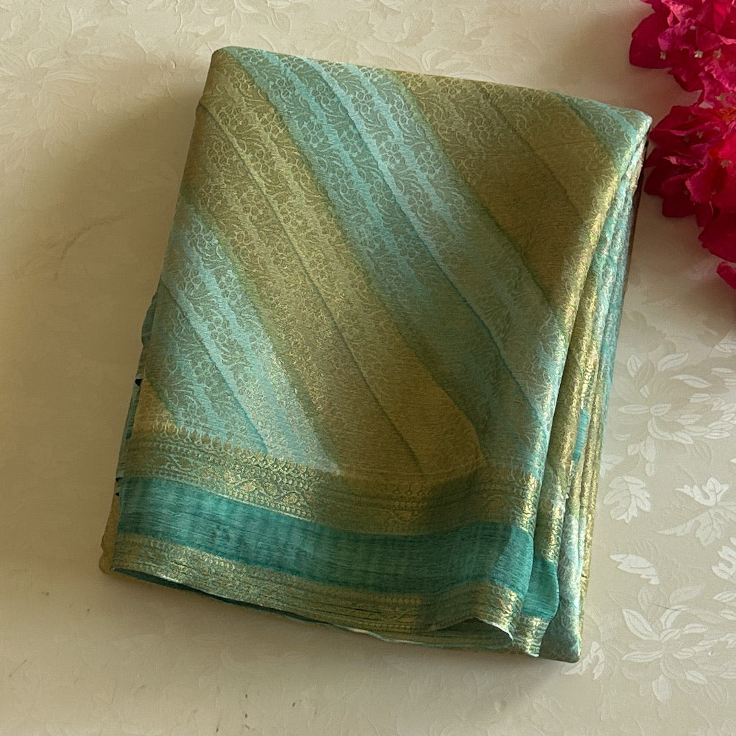 Aqua Gold Diagonal Striped Saree With Zari Border Pallu