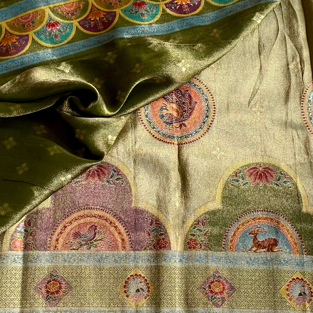 Designer Tissue Silk with Meenakari Weave In Shades of Pastel Green