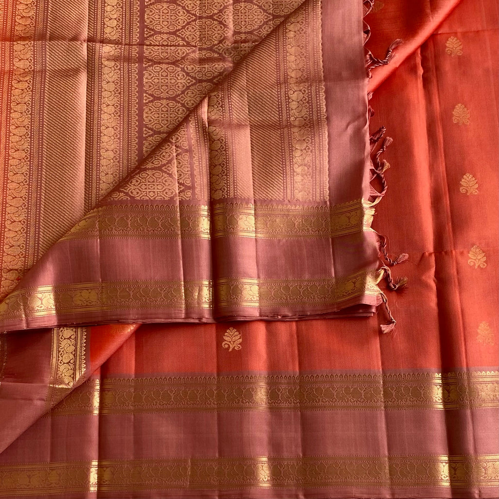 Sorbet Peach Orange Designer Pure Silk Saree With Dusty Rose Pallu