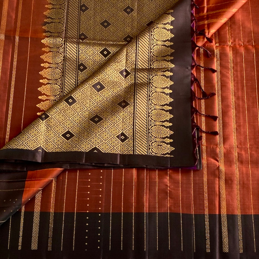 Burnt Orange Designer Pure Silk Saree With Deep Plum Pallu