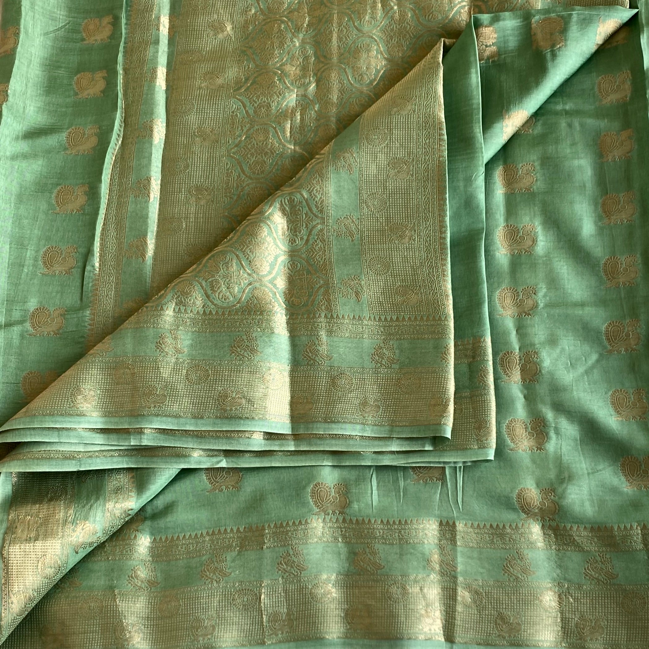 Mint Green Silk Saree With Gold Brocade Paisley Work Border